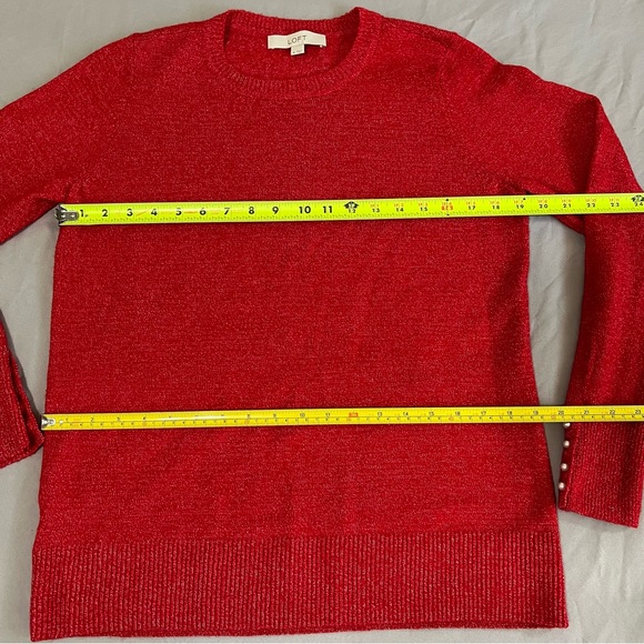 Loft Red Sweater Pearl sleeve Wool Blend Round Neck Long Sleeve size M - Picture 13 of 15